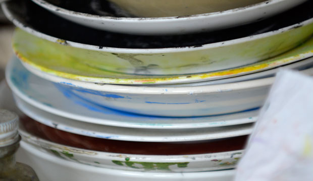 Jeffrey Steele artist studio paint dishes Southsea 2014 by Peter Missen